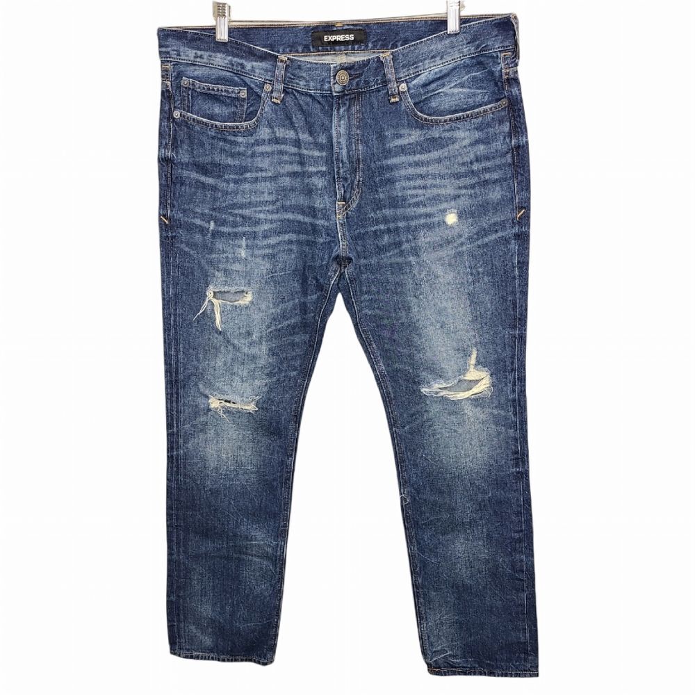 EXPRESS Men's 36x32 Original Slim Fit Distressed Dark Wash Denim Jeans